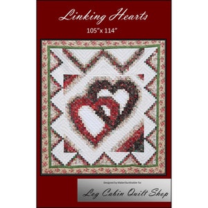 May include: A handmade quilt titled "Linking Hearts" with dimensions of 105" x 114". The quilt features two interlocking hearts in shades of red and white, set against a white background. The border includes floral and green accents.