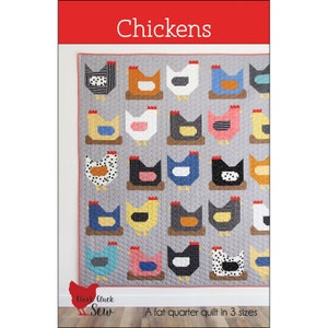 May include: A quilt featuring a repeating pattern of stylized chickens in various colors and patterns, each sitting on a brown nest against a gray background. The top banner reads Chickens, and the bottom text reads Cluck Cluck Sew A fat quarter quilt in 3 sizes.