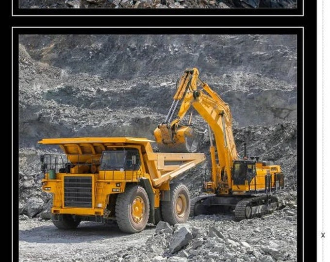 CONSTRUCTION VEHICLES Blocks Cotton Fabric Panel 23 X 44, Kennard & Kennard Fabric, Dump Truck