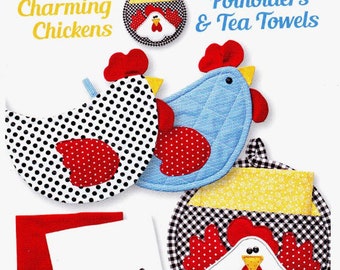 Charming CHICKENS POTHOLDERS & Tea TOWELS sewing pattern, Cotton Ginny's pattern, farm animal pattern, kitchen pattern!