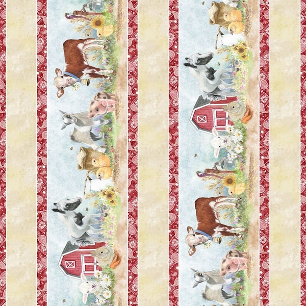 FARM ANIMAL BABIES border stripes cotton fabric, P&B Textiles fabric, Barnyard Babies, chicken fabric, pig fabric, lamb fabric, horse!