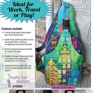 May include: The Sling Along bag, with a vibrant cityscape pattern. This hands-free sling bag has a zippered pouch, a hidden storage niche, and a back pocket. Dimensions are 30 cm tall, 20 cm wide, and 13 cm deep.