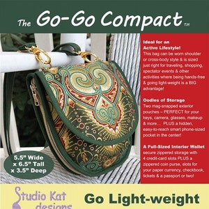May include: A compact bag with a green and gold pattern, measuring approximately 14 cm wide x 16.5 cm tall x 9 cm deep. It has a shoulder strap and a zippered closure. The bag includes multiple pockets and a full-sized interior wallet. The text says "Go Light-weight and Hands-free!"