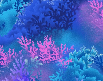 JELLY FISH TROPICAL JELLYFISH BLUE BLACK FISH SEA COTTON FABRIC BTHY