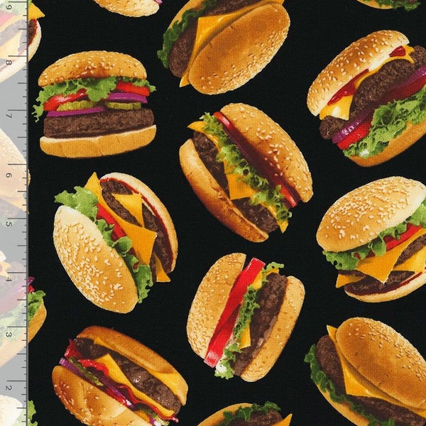 FQ BURGERS Tossed HAMBURGERS cotton fabric, Timeless Treasures fabric, 18" x 21", food fabric, hamburger fabric, Bbq fabric!