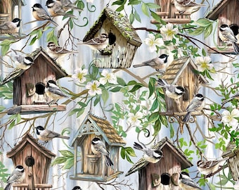 CHICKADEE BIRDHOUSES cotton fabric, Timeless Treasures fabric, 100% cotton fabric, bird fabric, birdhouse fabric, white floral fabric!