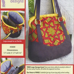 May include: A tote bag pattern titled The Triple Play by Studio Kat designs, featuring a red and yellow geometric print, dark purple base, and yellow ruffled trim. The bag measures 13 inches wide by 12 inches tall by 6 inches deep.