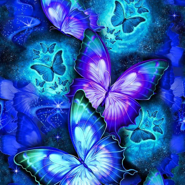 COSMIC BUTTERFLIES cotton fabric panel 23" x 44", Timeless Treasures fabric, 100% cotton fabric, nature fabric, blue butterfly fabric!