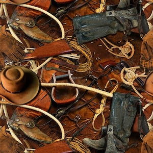 WESTERN HATS & TOOLS cotton fabric, Hoffman fabrics, 100% cotton fabric, Sun Up to Sun Down, cowboy fabric, cowboy boots fabric!