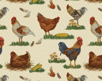 CHICKENS ON CREAM cotton fabric, Studio E fabric, 100% cotton fabric, chicken club fabric, farm fabric, barnyard fabric!