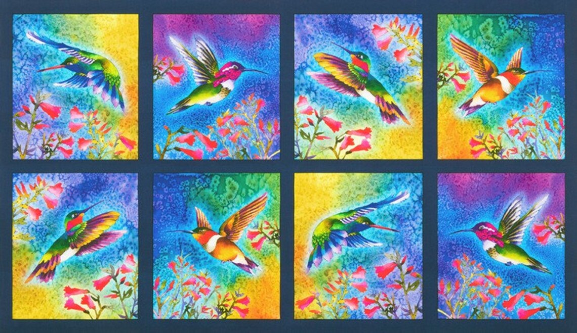 VIBRANT HUMMINGBIRDS in squares cotton fabric panel 23 x Etsy