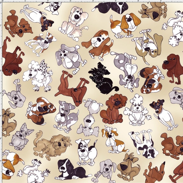 CARTOON DOGS on Beige cotton fabric, Loralie Designs fabric, quilting fabric, poodle fabric, dachshund fabric, beagle fabric, terrier fabric