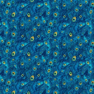 May include: A vibrant, repeating pattern of peacock feathers in shades of blue and teal, with gold and yellow accents. The design features detailed feather textures, creating a rich and visually appealing textile pattern.