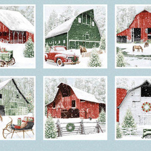 WINTER BARNS 6 BLOCKS cotton fabric panel 23" x 44", Henry Glass fabric, Holiday Spirit fabric, red barn fabric, farm fabric, Christmas farm