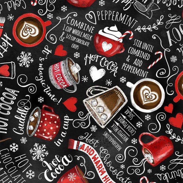 HOT COCOA CUPS & words cotton fabric, Timeless Treasures fabric, 100% cotton fabric, feeling festive, winter fabric, beverage fabric!