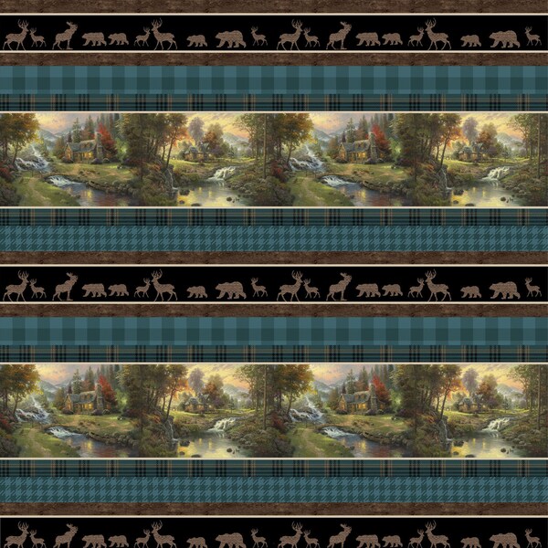 THOMAS KINKADE CABIN border stripes cotton fabric, Benartex fabric, 100% cotton fabric, moose fabric, wildlife fabric, cozy cabin fabric!