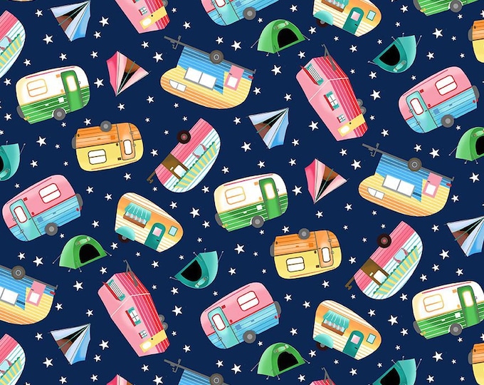 CAMPER by the LAKE Cotton Fabric Panel 36 X 44, Elizabeth's Studio Fabric, Camping Fabric Panel