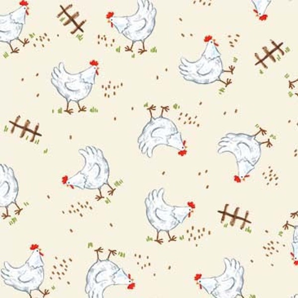 CARTOON CHICKENS On CREAM cotton fabric, Michael Miller fabric, quilting fabric, small chicken fabric, farm animal fabric, farm fabric!