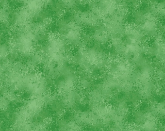 May include: A solid piece of fabric featuring a mottled, sponge-painted texture in various shades of vibrant grass green and lighter lime green, creating a consistent, non-directional pattern across the entire surface of the material.