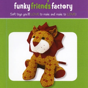 May include: A soft toy lion, approximately 12 inches (30 cm) tall, with a patterned yellow body and a red mane. The image includes the text "funky friends factory" and "Larry the LION".