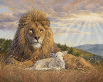 LION AND The LAMB cotton fabric panel, David Textiles fabric, quilting fabric, 36" x 44" panel, dawning of a new day cotton fabric panel!