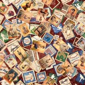 Pode incluir: Uma colagem de cartões e ilustrações vintage com tema de beisebol. O design apresenta imagens de jogadores de beisebol, bolas de beisebol e textos como "Home Run" e "Grand Slam" em um fundo bordô. Os cartões têm uma aparência envelhecida.