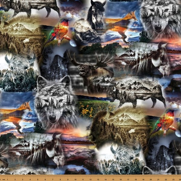 WILDLIFE COLLAGE WOLVES+ cotton fabric, Hoffman fabrics, 100% cotton fabric, V5290-112-Dawn, "Wild" fabric, bison fabric, horse fabric!