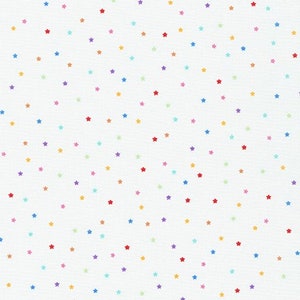 End Of Bolt SMALL RAINBOW STARS on white 13" x 44" cotton fabric, Robert Kaufman fabric, 100% cotton fabric, star fabric!