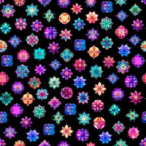 Könnte beinhalten: Ein sich wiederholendes Muster aus farbenfrohen, stilisierten Blumen auf schwarzem Hintergrund. Die Blumen sind in den Farbtönen Rosa, Blau, Lila, Orange und Grün gehalten. Das Design ist symmetrisch und detailliert.