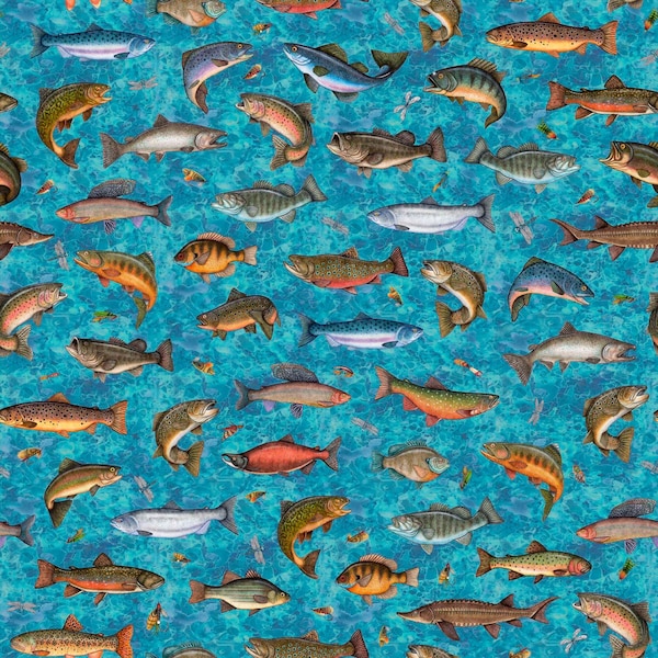 LAKE FISH on BLUE cotton fabric, Qt fabrics, Quilting Treasures, 100% cotton fabric, fishing fabric, trout fabric, bass fabric!