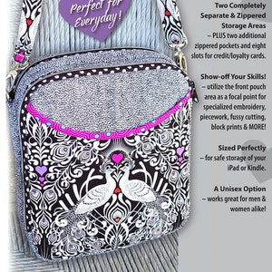May include: A black and white patterned fabric bag with a pink heart design. The bag has two zippered compartments and is 9 inches wide, 10.5 inches tall, and 3.5 inches deep. The bag is called "The Gemini Flightbag" and is perfect for everyday use.