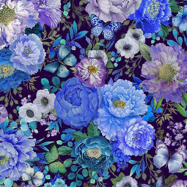 BLUE FLORAL & BUTTERFLIES cotton fabric, Timeless Treasures fabric, 100% cotton fabric, Butterfly Dreams fabric, blue flower fabric!