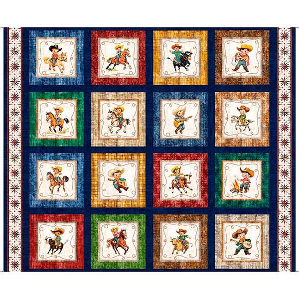 COWBOY BLOCKS cotton fabric panel 36" x 44", Qt fabrics, "Yippie Ki Yay!", western fabric, cartoon fabric!