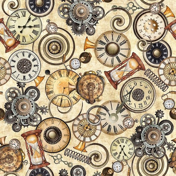 STEAMPUNK CLOCKS & GEARS On Cream cotton fabric, Qt fabrics, Quilting Treasures, 100% cotton fabric, clock fabric, steampunk adventures!