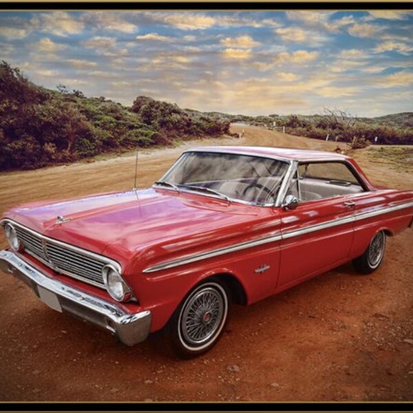 CLEARANCE FAIRLANE FORD red classic Car cotton fabric panel 36" x 44", Kennard & Kennard fabric, retro car fabric, vintage vehicle fabric!