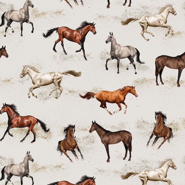 WILD HORSES running on beige cotton fabric, Timeless Treasures fabric, 100% cotton fabric, horse fabric, equestrian fabric!