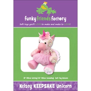 May include: A pink Kelsey Keepsake unicorn soft toy with a pink tutu, floral accents, and a horn. The toy is approximately 30cm tall when sitting and 40cm when standing. The image includes the text "funky friends factory".