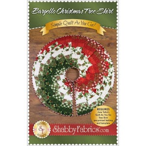 May include: A circular Bargello Christmas tree skirt featuring a quilt pattern with red, green, and white fabric strips. The text reads Bargello Christmas Tree Skirt, Simple Quilt As You Go, and ShabbyFabrics.com with a requirement note.