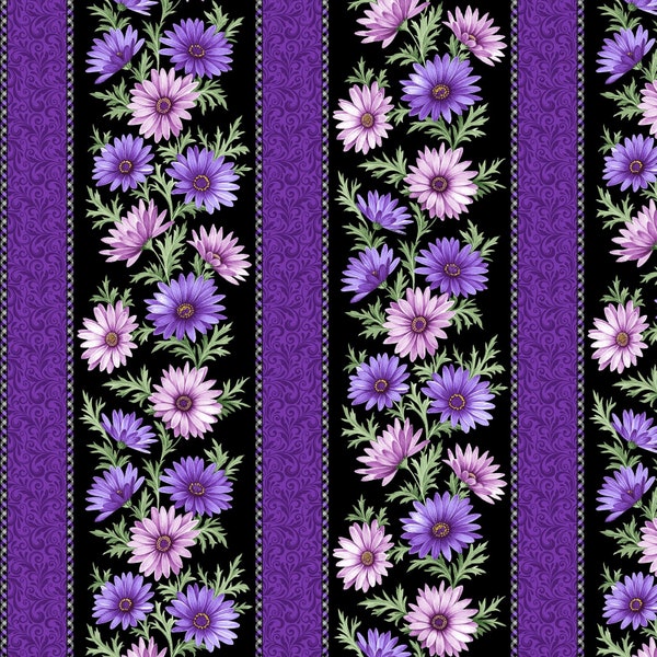 PINK and PURPLE DAISIES border stripes on black cotton fabric, Benartex fabric, quilting fabric, pink daisy fabric!