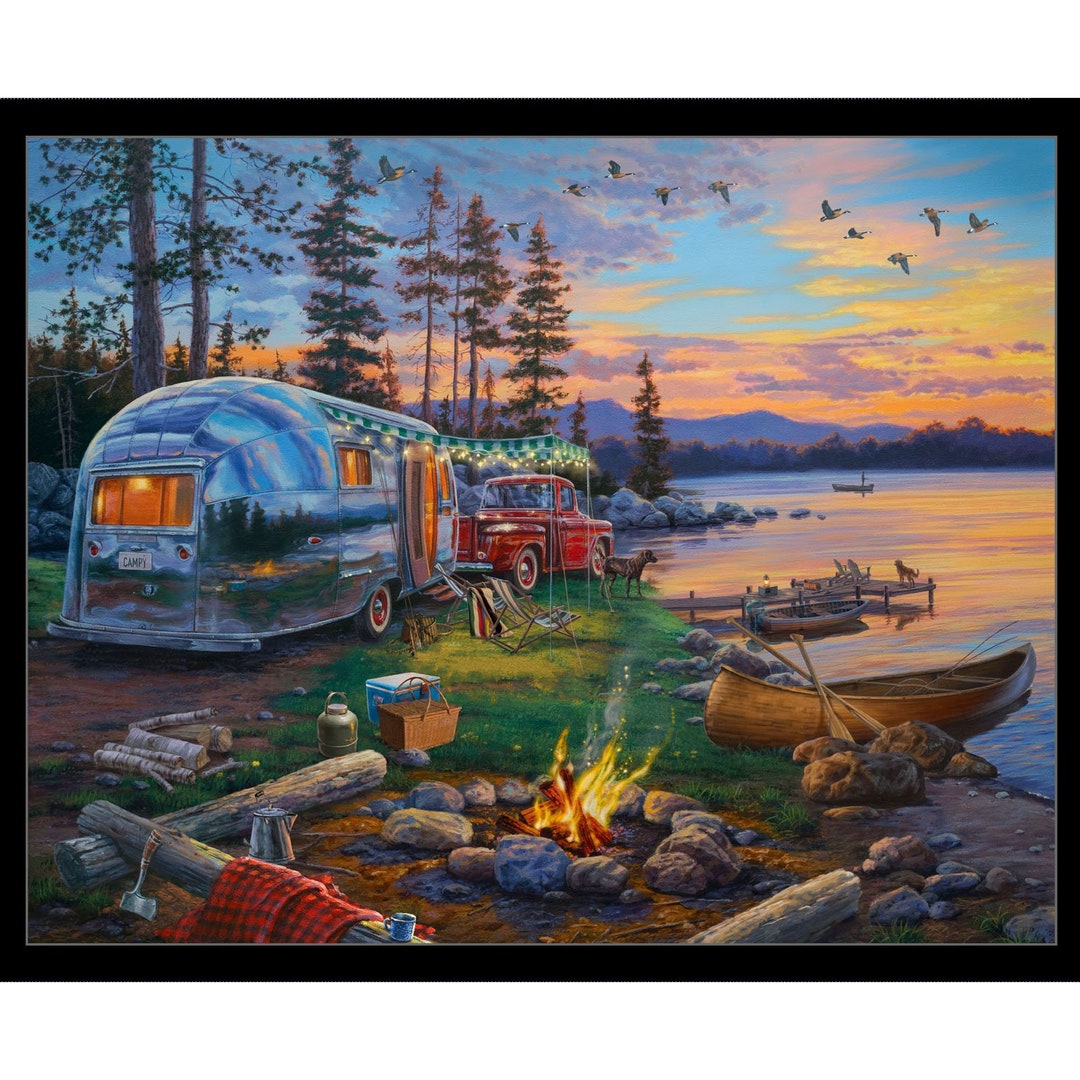 CAMPER by the LAKE Cotton Fabric Panel 36 X 44, Elizabeth's Studio