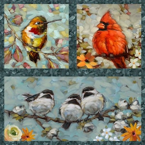 May include: A fabric panel featuring eight square images of colorful birds. Each bird is perched on a branch with flowers and foliage. The birds include a bluebird, cardinal, and hummingbird. The border has a floral design.