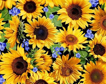 SUNFLOWERS & BLUE FLORAL cotton fabric, Michael Miller fabric, 100% cotton fabric, sunflower fabric, flower fabric, summer fabric!