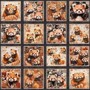 Pode incluir: Um painel de tecido com um padrão repetido de pandas vermelhos em várias poses. Os pandas são retratados em estilo aquarela, rodeados por elementos florais. A paleta de cores inclui tons de castanho, laranja e creme, com uma borda cinza escuro.