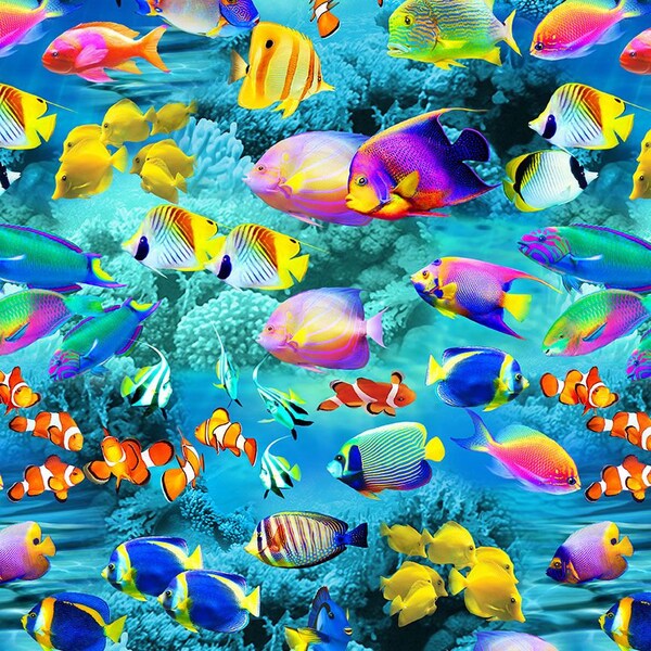 Tissu en coton VIBRANT FISH, tissu Timeless Treasures, tissu 100 % coton, tissu vie marine, tissu poisson clown, tissu océan, poisson tropical !