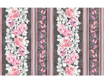 End Of Bolt ROSE FLORAL MIX border stripes 18" x 44" Pink and White roses on gray cotton fabric, Michael Miller fabric, Sunny Delight fabric