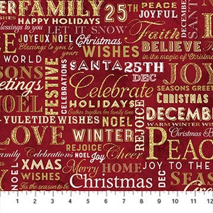 FQ METALLIC CHRISTMAS Words on Maroon 18" x 21" cotton fabric, Northcott, fat quarter, Christmas Joy fabric, holiday fabric, noel fabric!