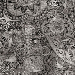 GRAY OMBRE ~ K ~ Touch of Gray Bohemian Rhapsody cotton fabric, Qt fabrics, Quilting Treasures, medallion fabric, paisley fabric!