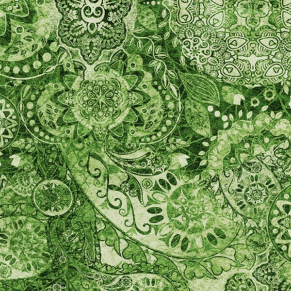 End Of Bolt GREEN OMBRE ~ H ~ Money Bohemian Rhapsody 19" x 44" cotton fabric, Qt fabrics, medallion fabric, paisley fabric!