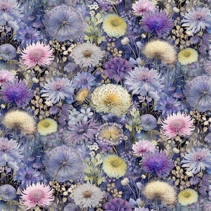 Puede incluir: Un patrón floral denso con flores de diferentes tamaños y colores: morado, azul, rosa y amarillo. El fondo es azul oscuro, creando un fuerte contraste. El conjunto da la impresión de un jardín exuberante y colorido.