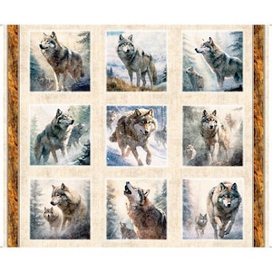 Puede incluir: Un panel de tela con nueve imágenes cuadradas de lobos en un entorno de bosque nevado. Cada cuadrado representa un lobo diferente, algunos de pie, otros corriendo y uno aullando. La paleta de colores incluye tonos de marrón, gris y blanco.